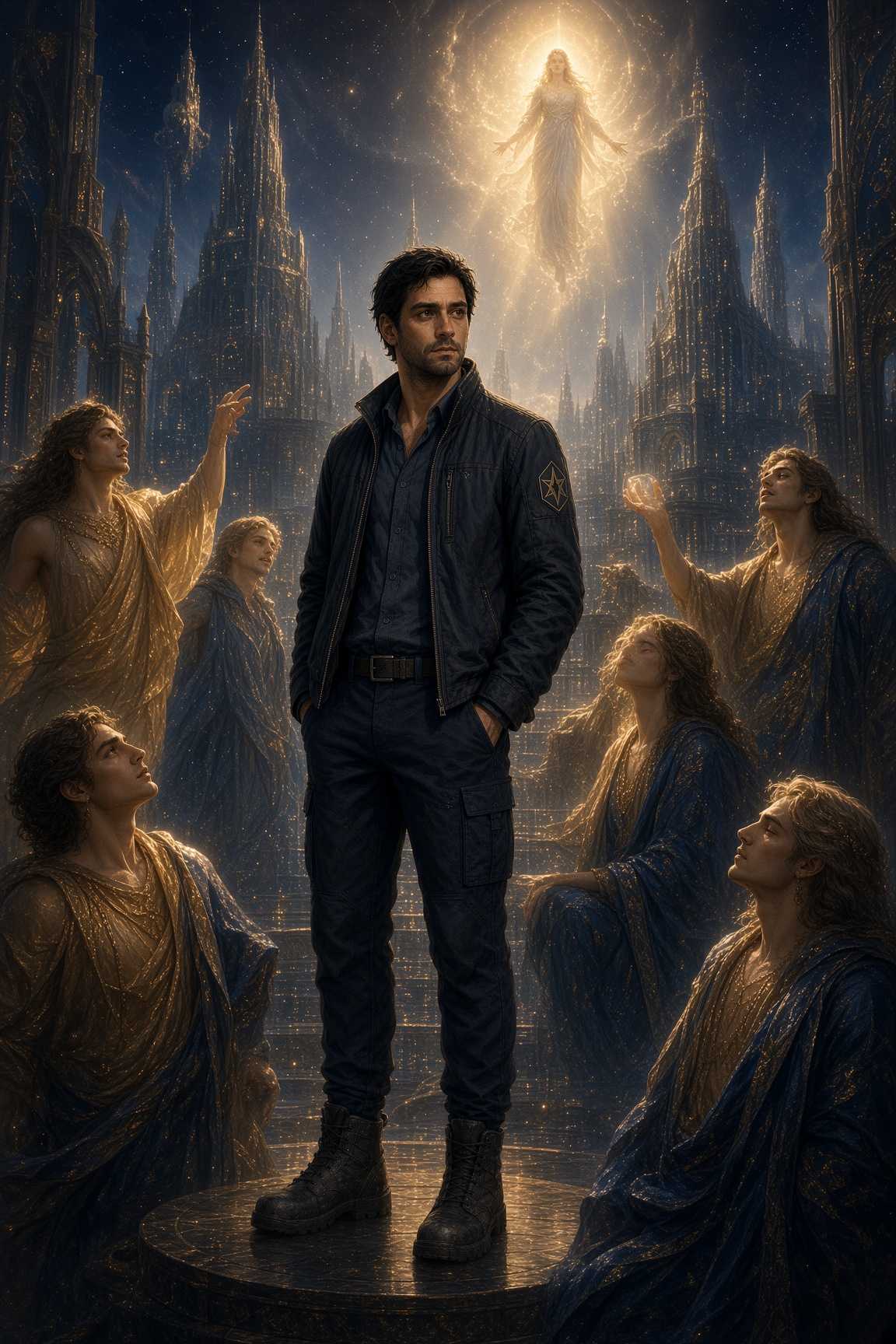 Fridan standing on a dais among robed figures who look past him toward a radiant female form suspended above the spires.