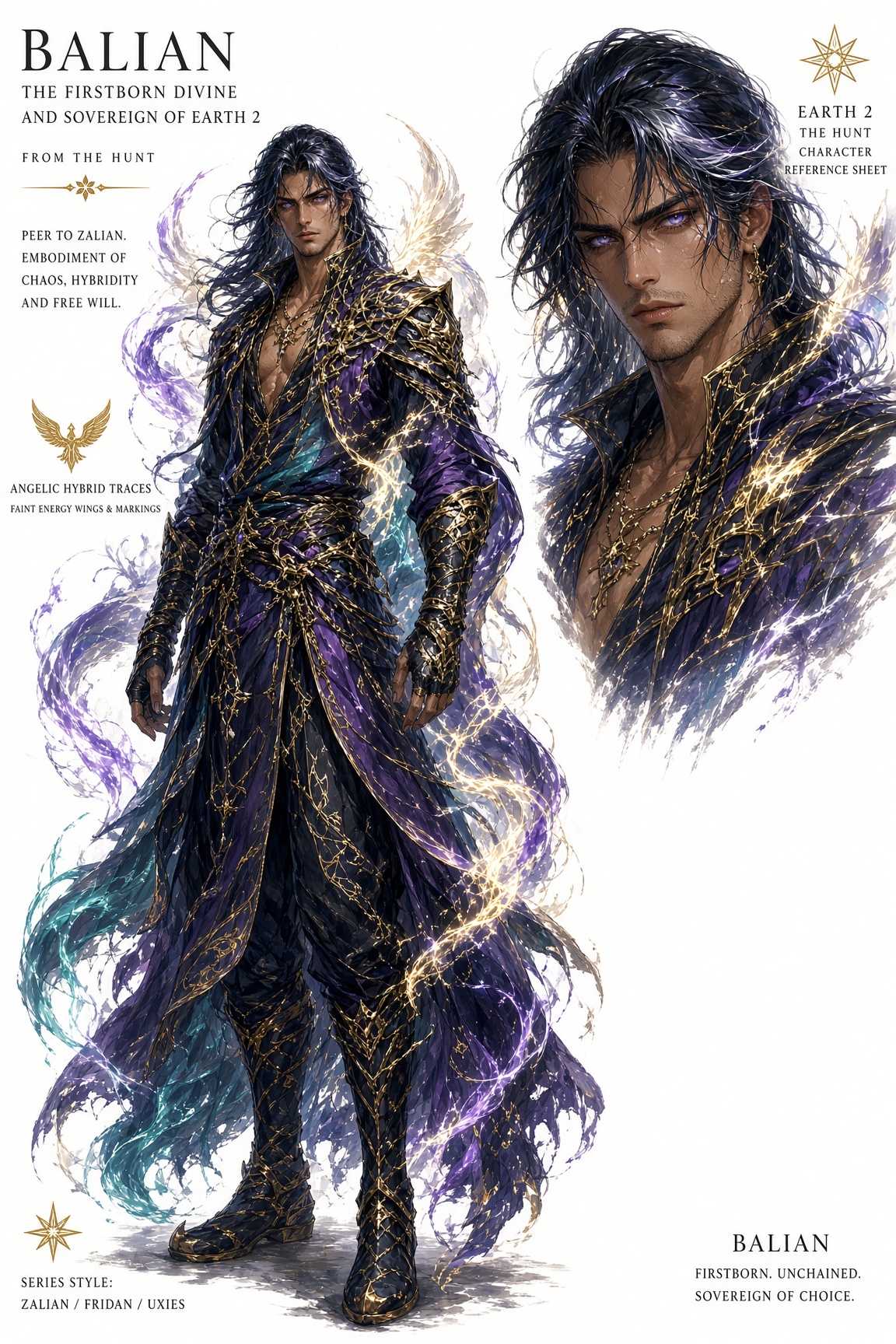 Character sheet for Balian: dark-haired, violet-eyed, robed in purple and gold thread, energy wings trailing behind him.