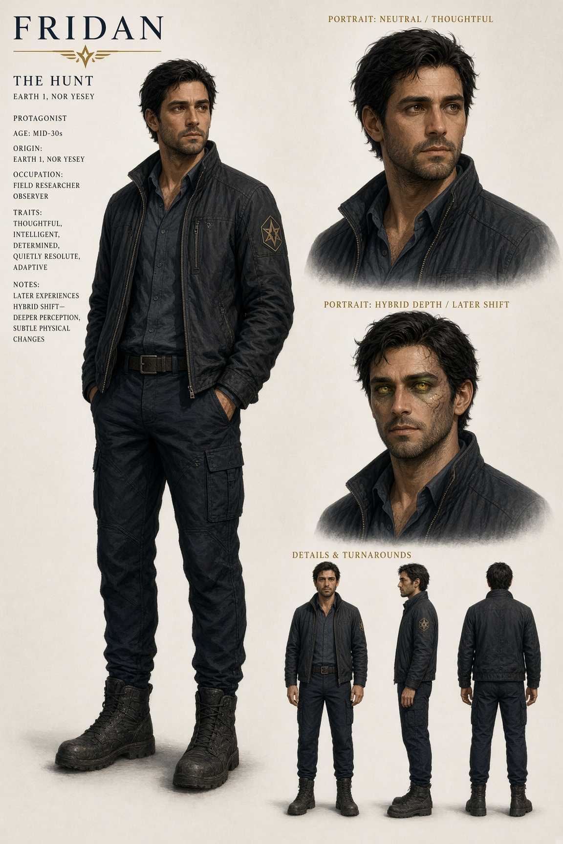 Character sheet for Fridan: a man in his mid-thirties in a dark field jacket, with a second portrait showing his eyes turned gold after the Sphere.