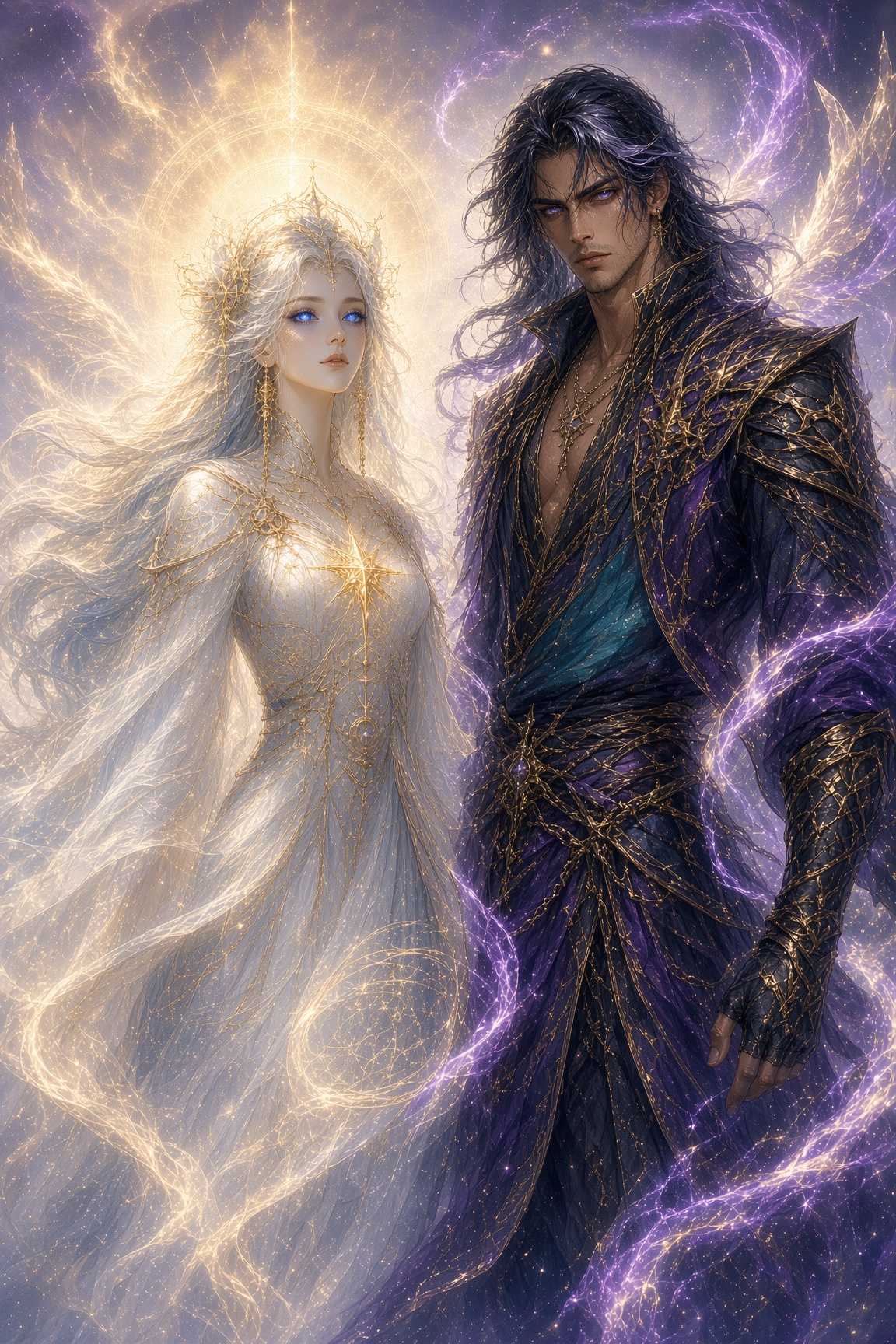 Zalian in gold light beside Balian in violet, standing together and looking away from one another.