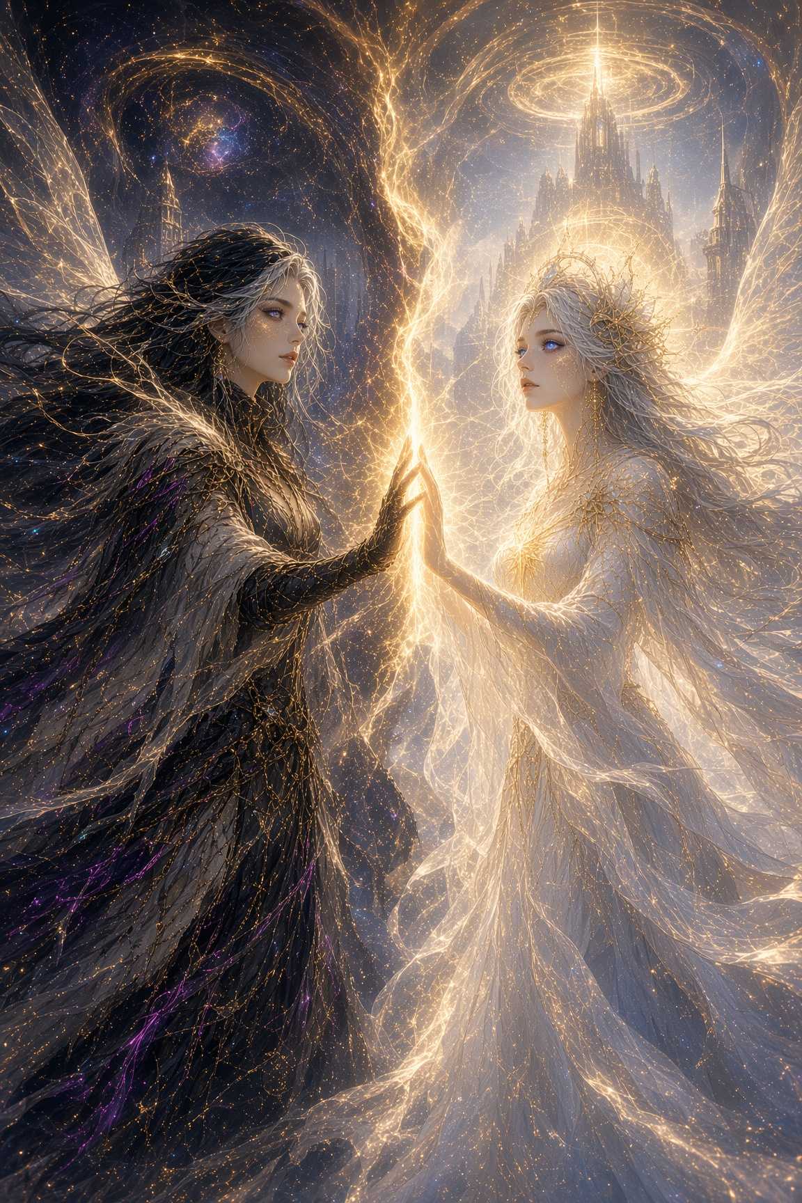Zalian and Balian reaching toward one another, fingertips almost meeting across a vertical tear of light.
