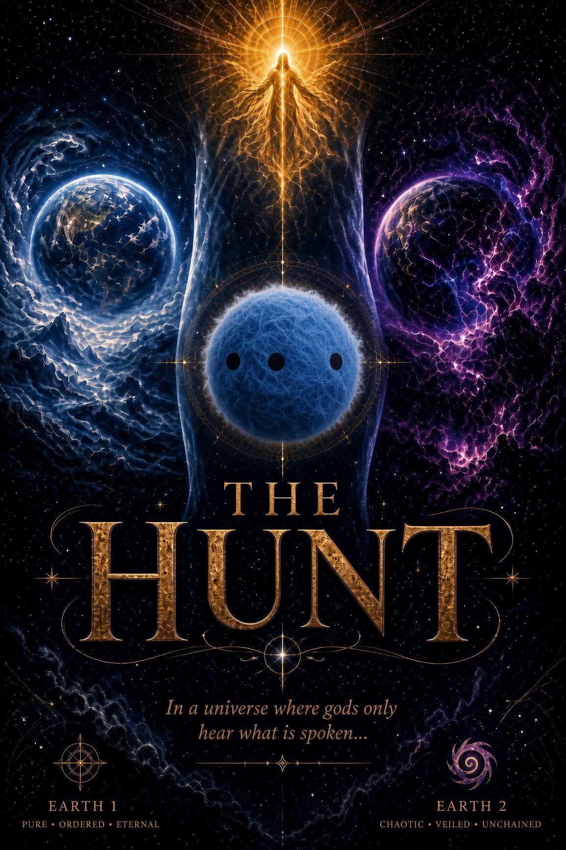 Cover art: two planets flanking a small blue sphere marked with three dots, beneath the title The Hunt in gold.