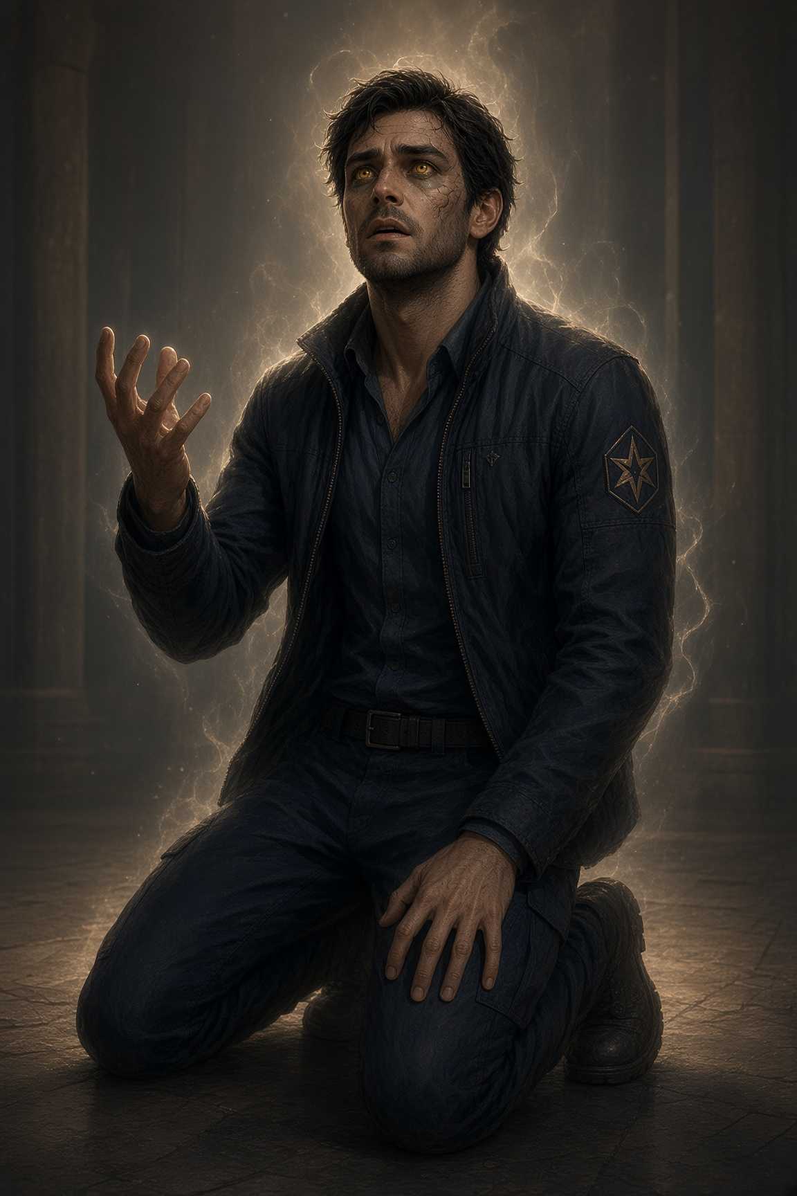 Fridan on one knee in a dim hall, one hand raised and open, faint light coiling around him and no answer coming.