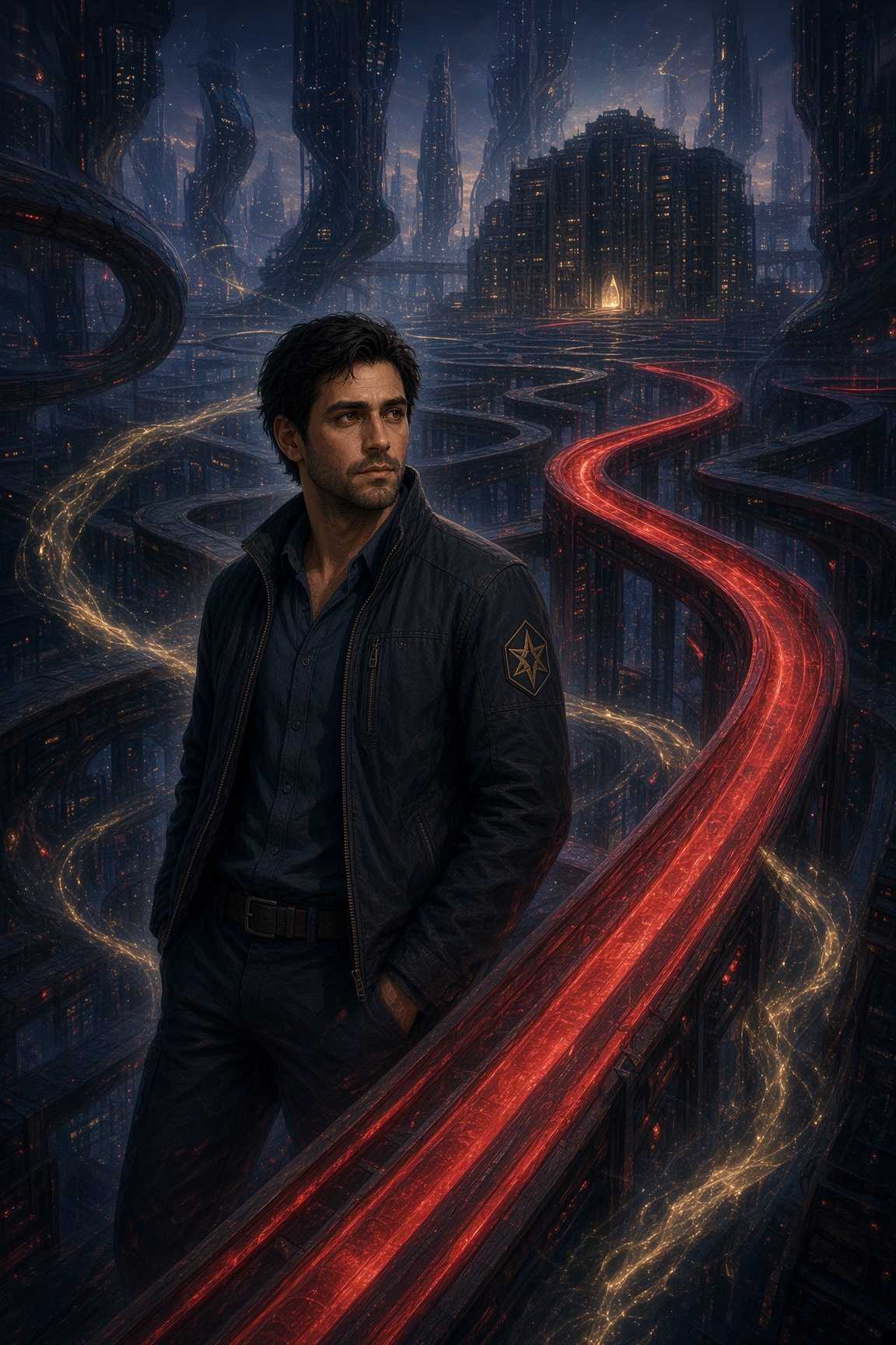 Fridan standing before a vast night city while a transit rail glows red through the interchanges, marking a path.