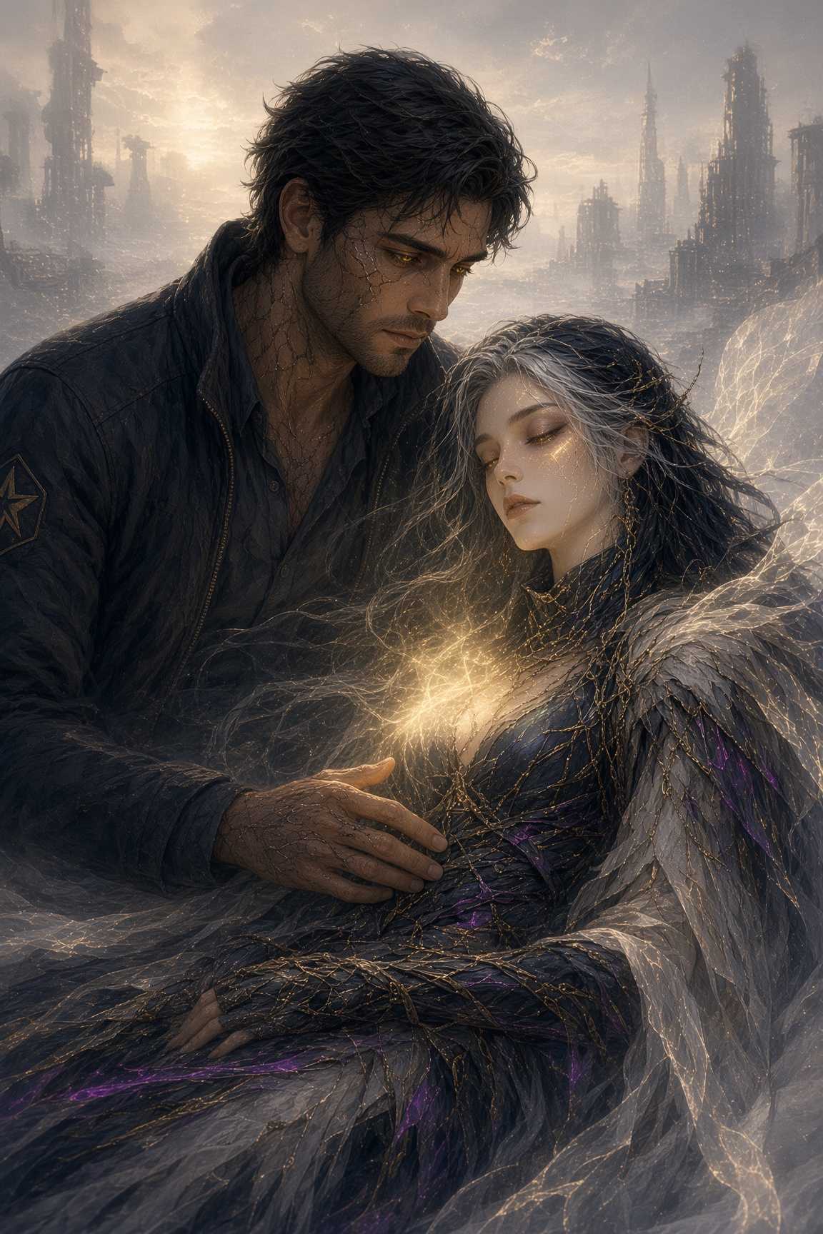 Fridan cradling a sleeping Uxies as golden light ignites at her chest, a ruined skyline behind them.