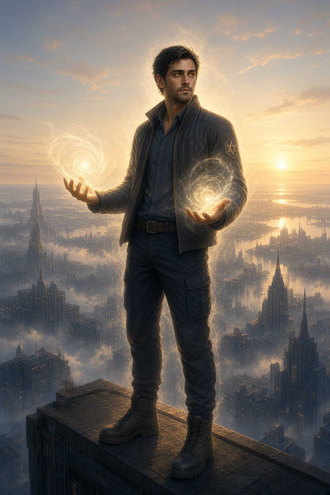 Fridan on a rooftop above a misted city at sunrise, a small spiral galaxy turning above each open hand.