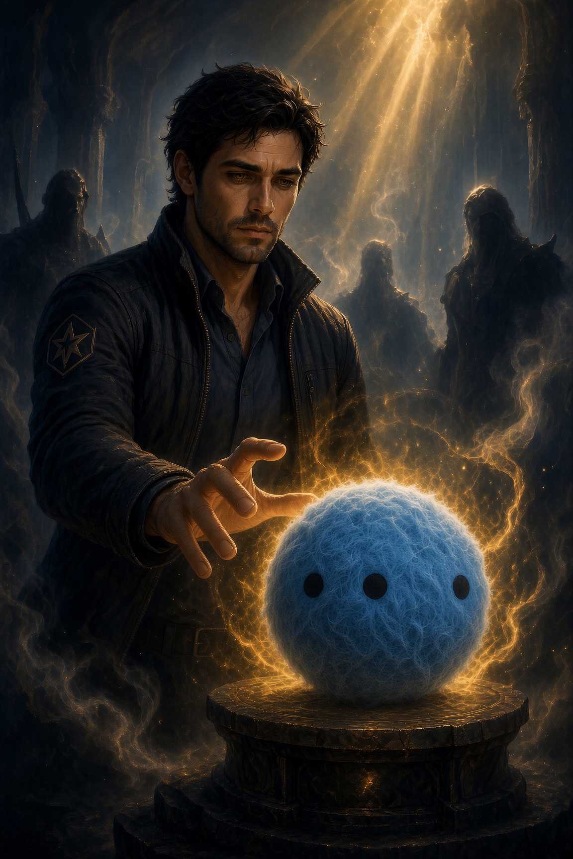 A small blue felted sphere marked with two dots and one dot, resting on a stone pedestal ringed with gold light as Fridan reaches for it.