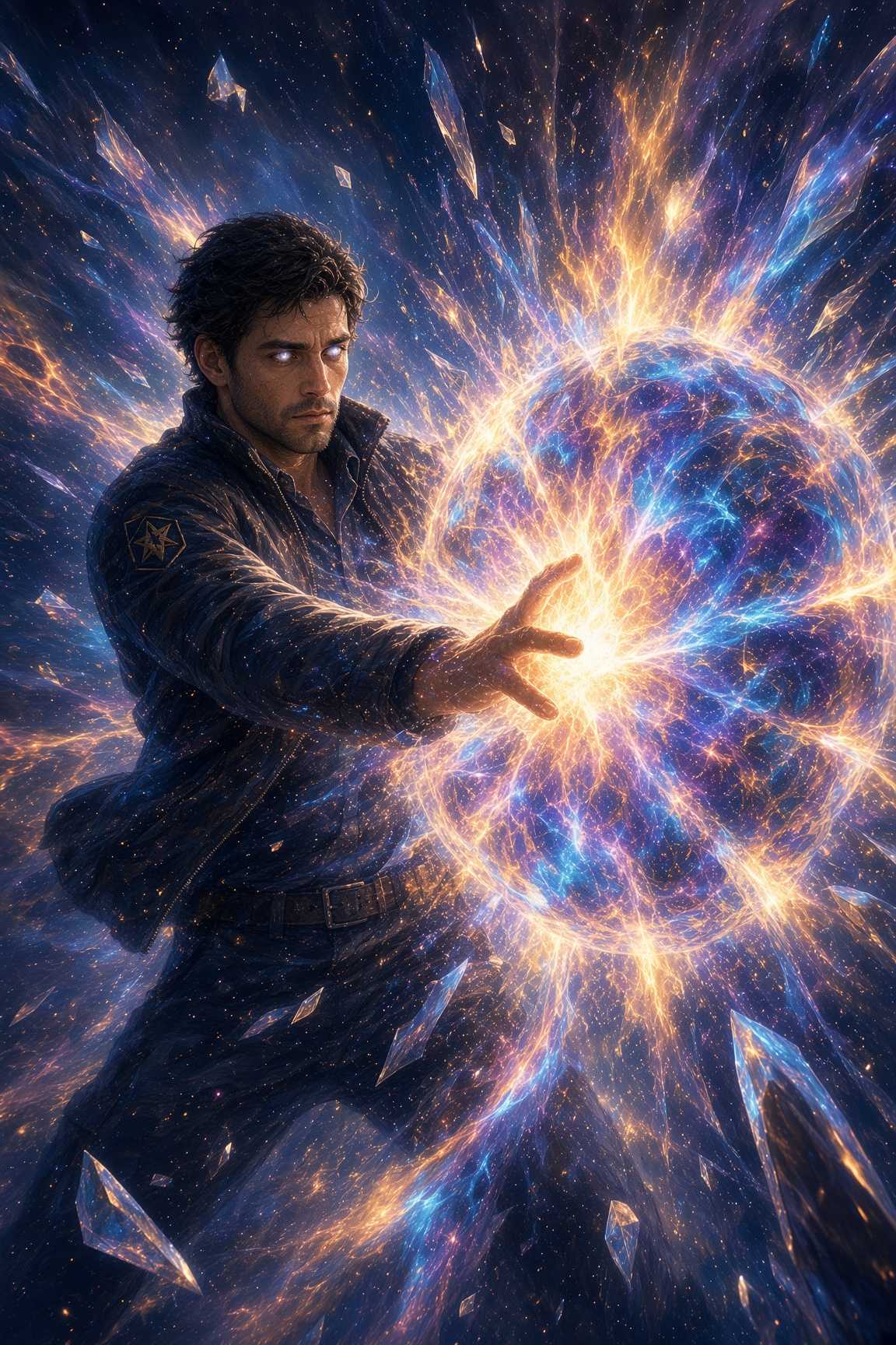 Fridan reaching into a detonation of blue and gold light, his eyes gone white, shards of crystal suspended around him.