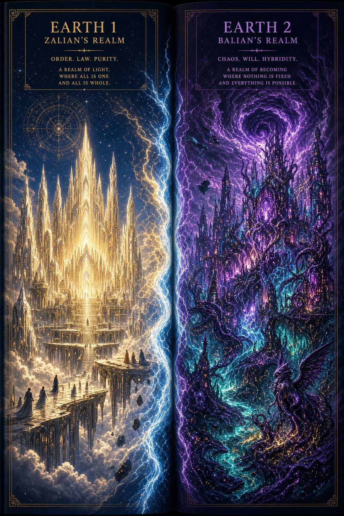 An illuminated book spread: Earth 1 in gold spires on the left, Earth 2 in violet thorned towers on the right, split by lightning.