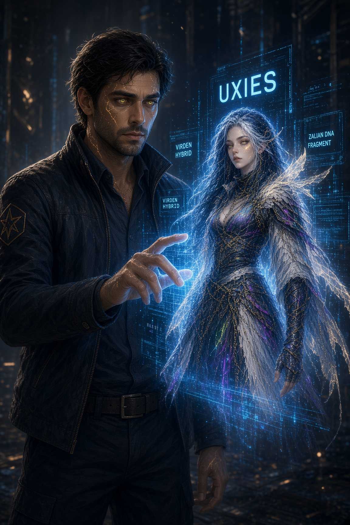 Fridan reaching into a blue holographic dossier displaying Uxies, tagged Virden hybrid and Zalian DNA fragment.