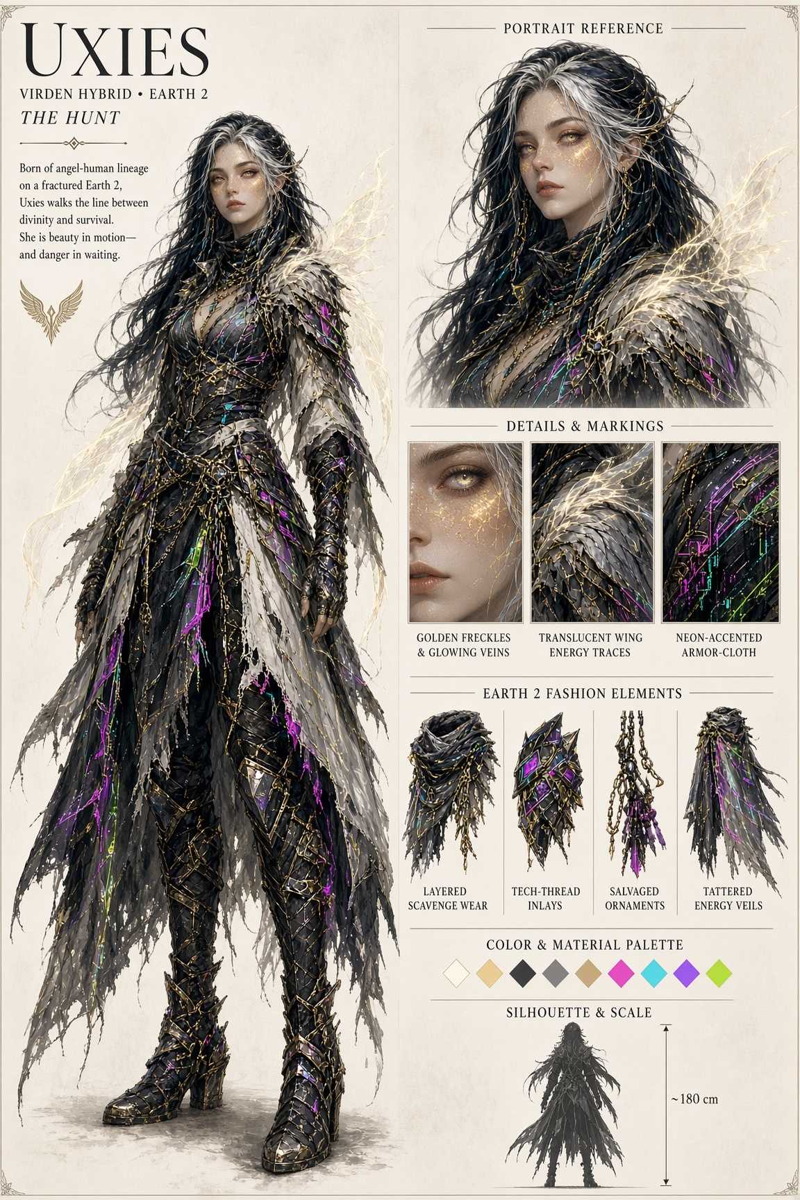 Character sheet for Uxies: a Virden woman with black and silver hair, golden freckles, layered scavenged armour threaded with neon.