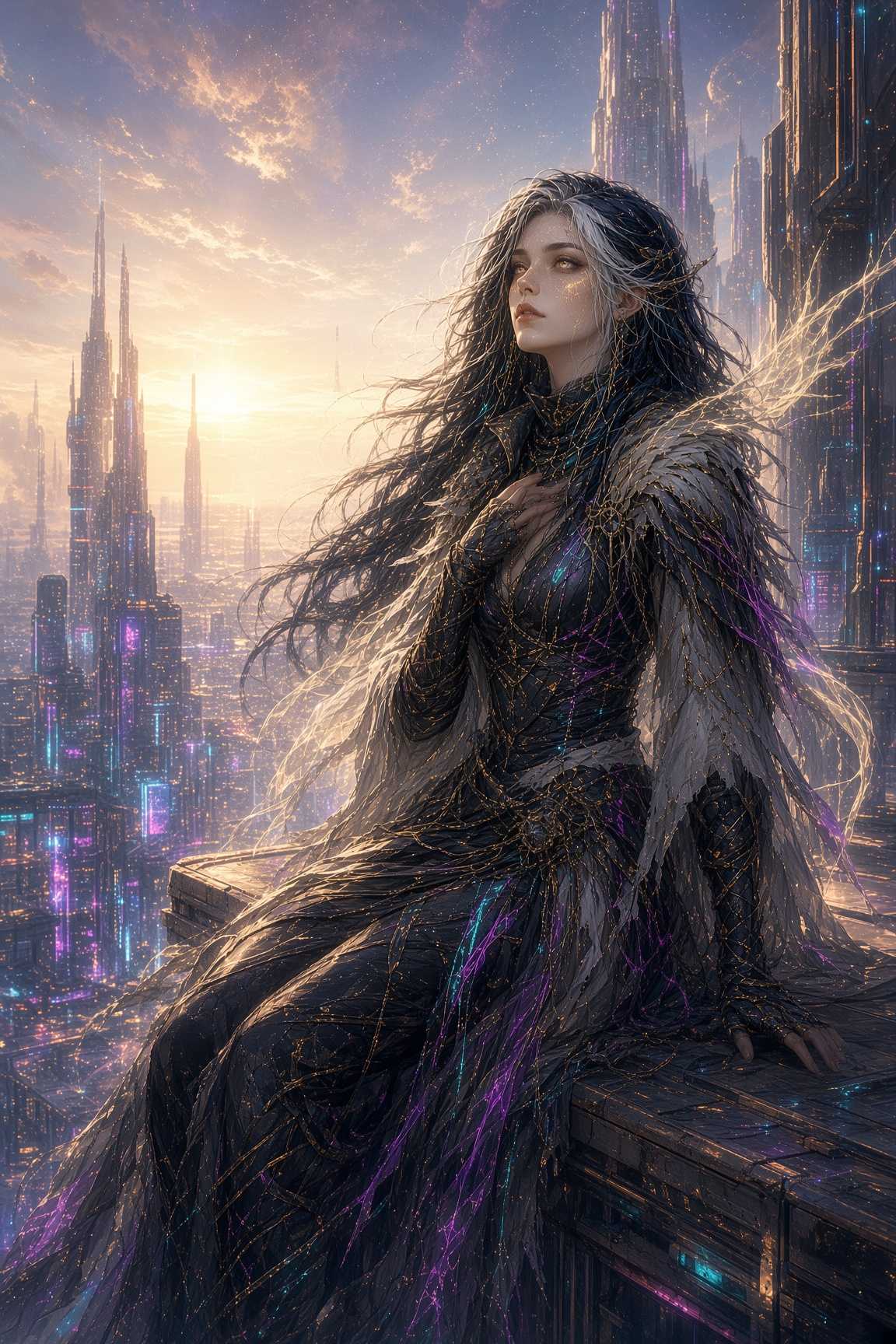 Uxies seated on a ledge above the neon towers of Earth 2 at dawn, one hand at her chest, looking up.