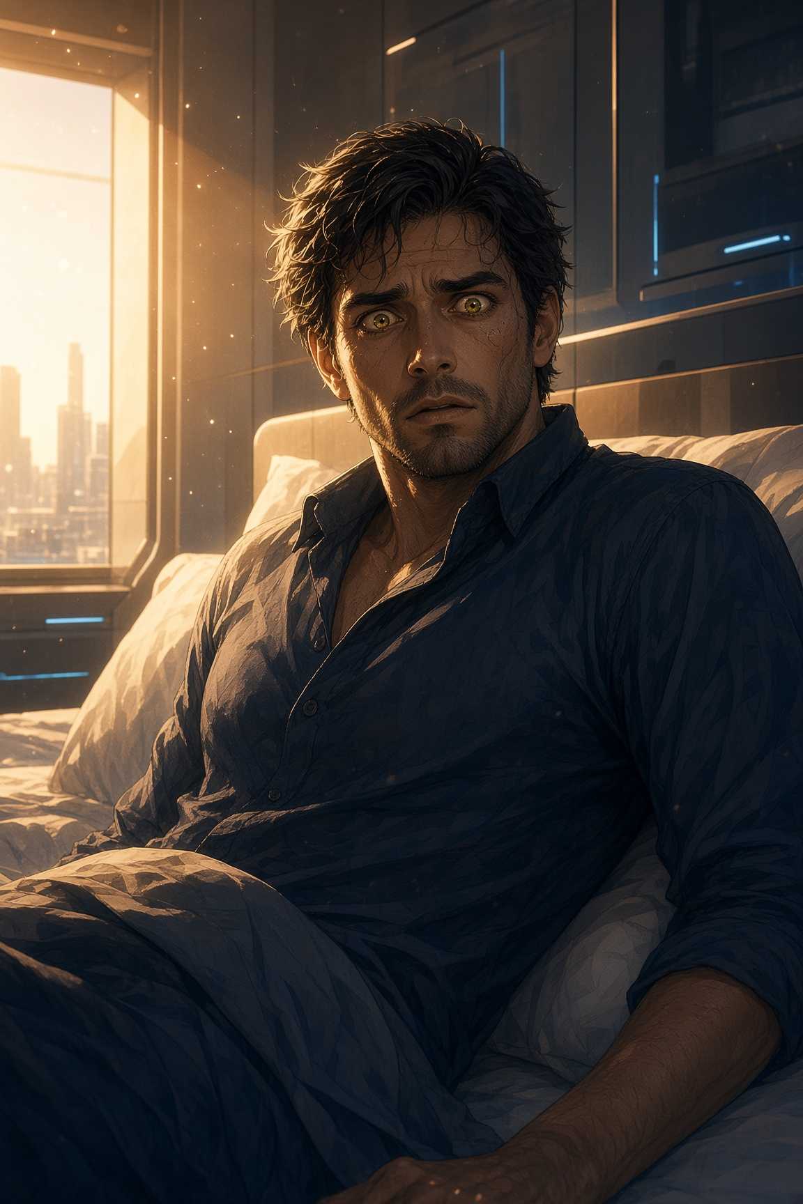 Fridan half upright in bed at dawn, eyes gold and afraid, a city skyline pale in the window behind him.