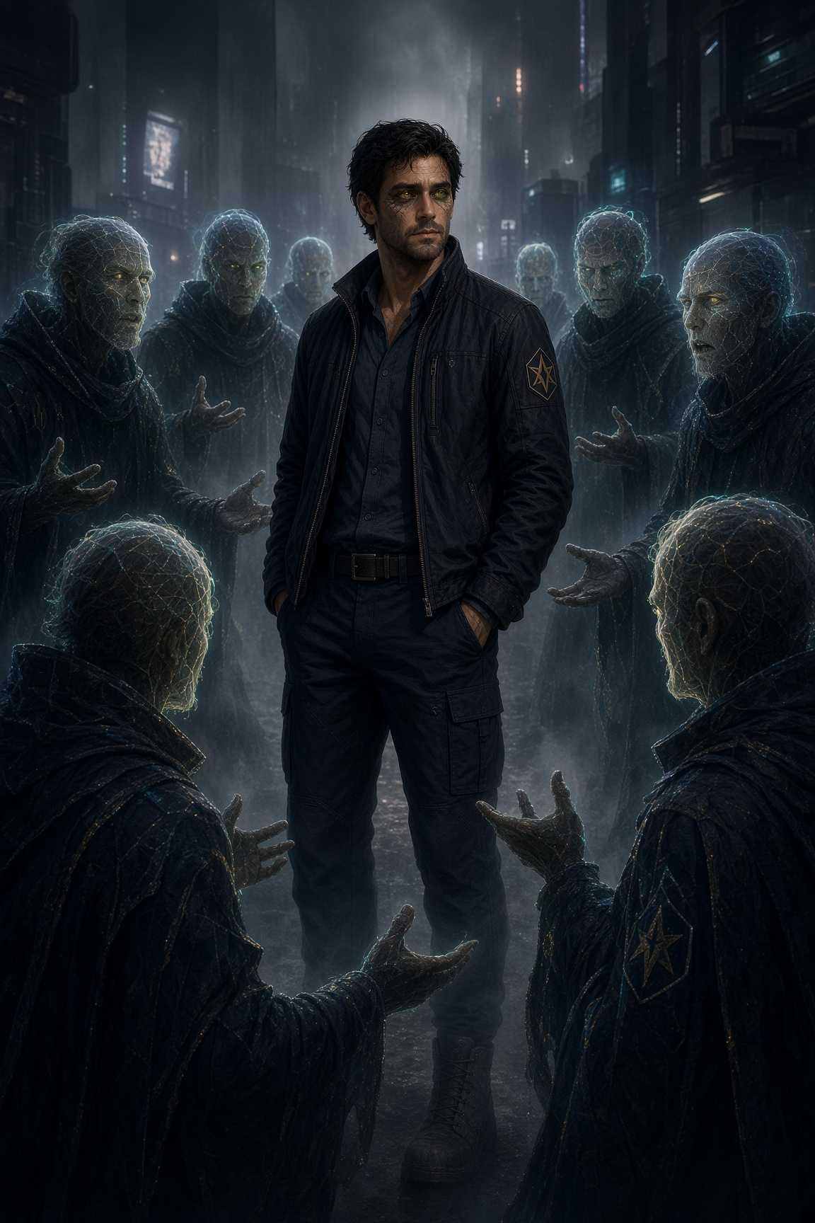 Fridan standing still while translucent figures crowd around him in fog, their faces lit from within.