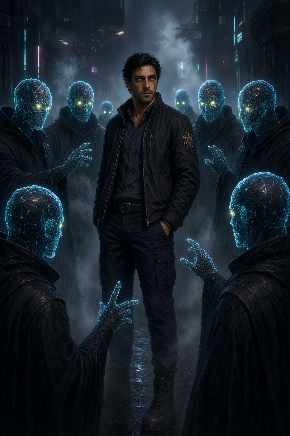 Fridan encircled by robed figures whose heads are glowing blue wireframe, hands outstretched toward him in a neon alley.