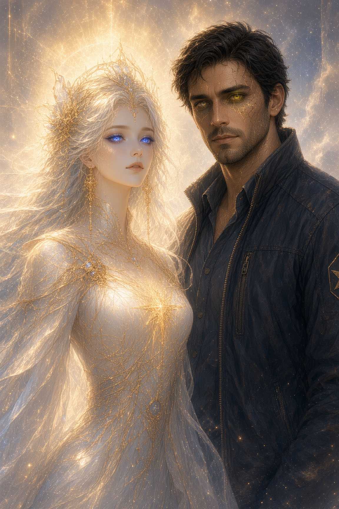 Zalian in radiant gold standing beside Fridan, whose face is cracked with faint golden light.