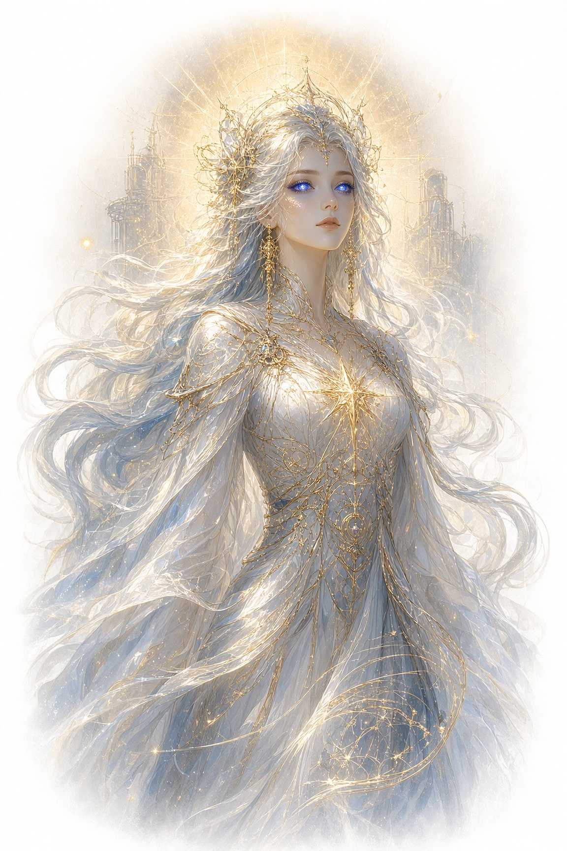 Zalian, white-haired and crowned in filaments of gold light, blue eyes lifted, a pale spired city behind her.
